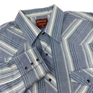 RUSTLER X-Long Tails Men's Shirt Vintage Snap Pearl Blue Stripes Size 17.5 34/35